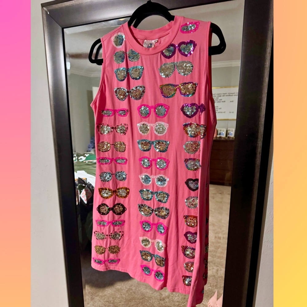 QUEEN OF SPARKLES Pink Sequin Sunglasses Mini Dress